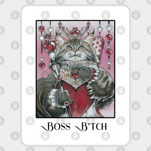 Queen of Hearts Cat - Boss B*tch - Black Outlined Version Sticker by Nat Ewert Art